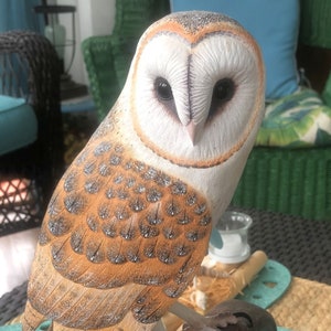 Hard Carved Wooden Barn Owl, highly collectible, basswood,glass eyes, hand painted in detail,heart shaped face, 10 inch bird, owl lover gift