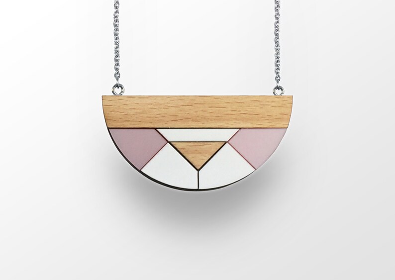 Jewelry For Graphic Designer Geometric Modern Necklace Acrylic Shell Pendant Gray White Semicircle Necklace Half Circle Wooden Necklace