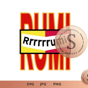 Puede incluir: Diseño gráfico con la palabra "RUMI" en rojo, letras verticales. La palabra "Rrrrrrumi" está en un rectángulo con borde negro con secciones amarillas y rojas. Un logotipo circular con la letra "S" y "Serendipity Designs" está superpuesto.