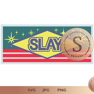 Puede incluir: Gráfico rectangular con la palabra "SLAY" en letras azules dentro de un rombo amarillo. El fondo es verde azulado con explosiones de estrellas. Hay rayas rojas y blancas en la parte inferior. Un logotipo circular con la letra "S" está a la derecha.