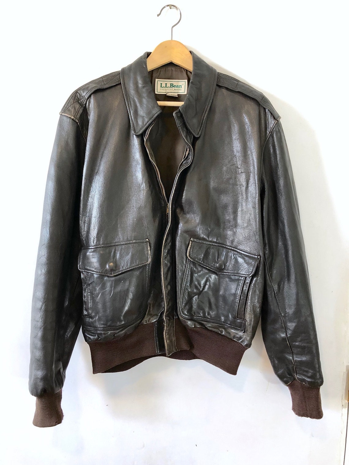 Vintage LL Bean Brown Leather Bomber Jacket - Etsy