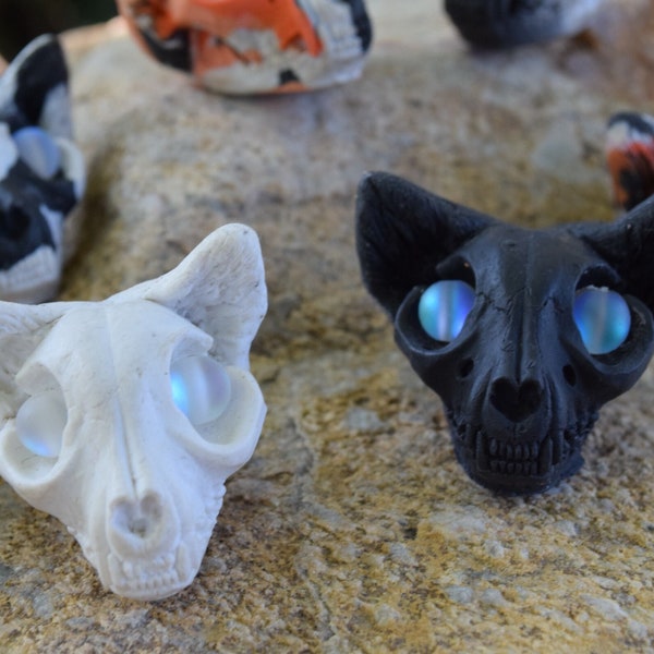 Hazardous Kitty Sculptures - Cat Skull Art Glowing Eyes - Goth Halloween Spooky