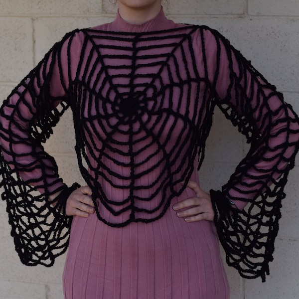 CUSTOM**Spiderweb Shrug Top - Handmade Crochet Long Sleeve Bolo Sweater Halloween Witch Goth Costume Spider Spooky