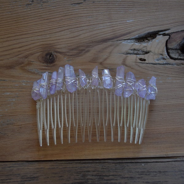 Crystal Hair Comb - Wire Wrap Quartz Crystal - Natural Stone Jewelry - Silver Gold Hairpin Haircomb