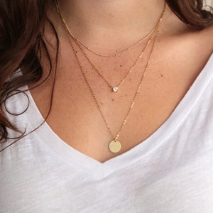 Delicate gelaagdheid ketting gelaagde ketting instellen gelaagde Dew Drop Cubic Zirconia Disc ketting 14K Gold Plated of Sterling Zilver