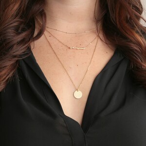 3 Layered Dew Drop Chain Twig Necklace and Large Disc Pendant // 14K Gold Plated or Sterling Silver options