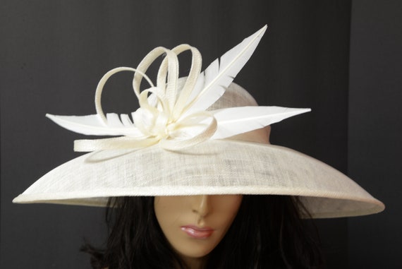 New High Quality Ivory Sinamay Hat With Beautiful Feather, Fashion