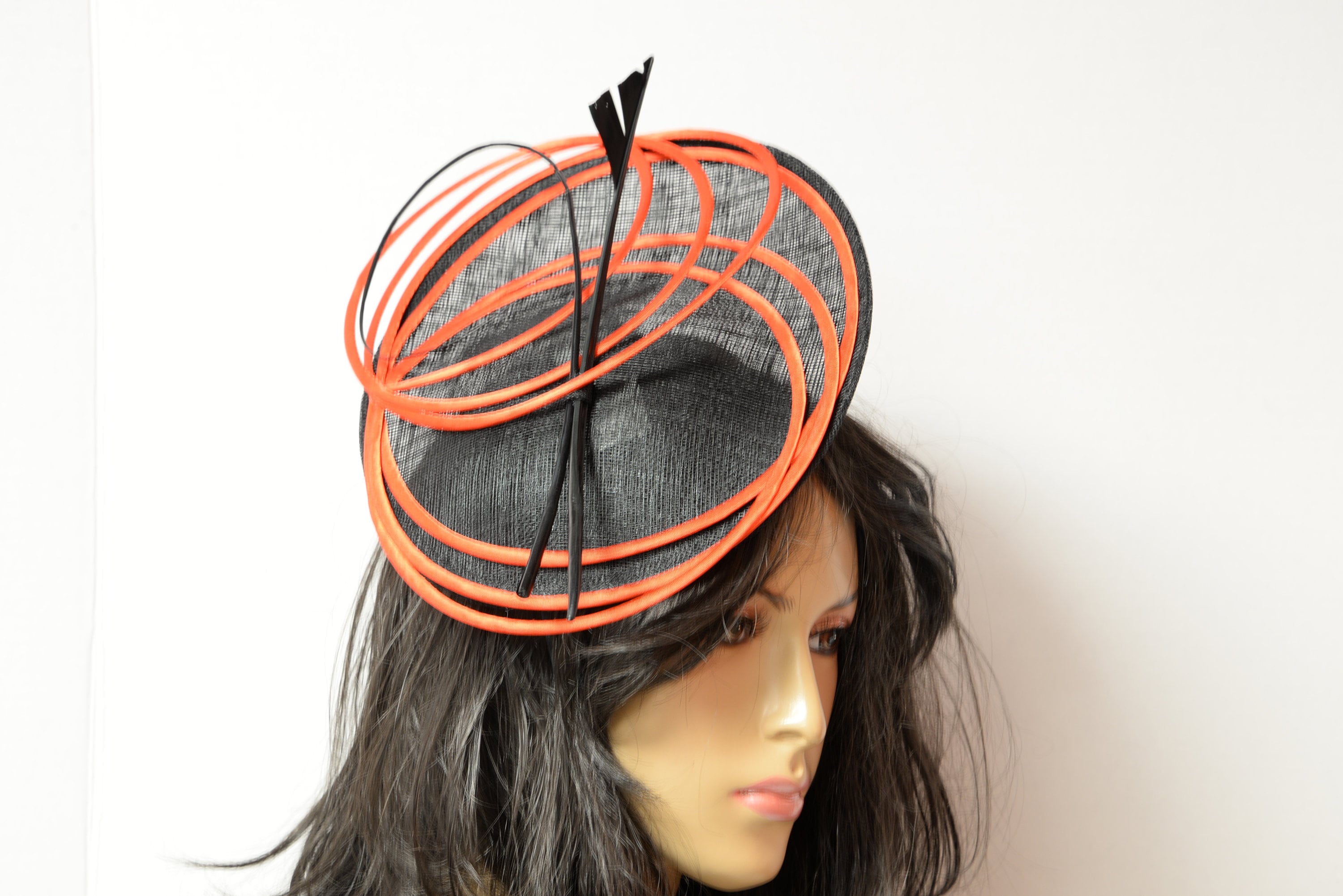 Red Sinamay Wide Brim Fascinator Hat Black Feather Derby Wedding red hat club Red Sinamay Hat for Ascot, Derby or Special Occasion – Over  main image 3