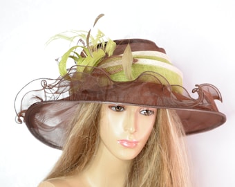 New Brown/Green Organza/sinamay Hat, Fashion, Fancy ,Elegant, Beautiful Kentucky Derby Hat, Wedding Hat, Church Hat, Formal, Dressy Hat