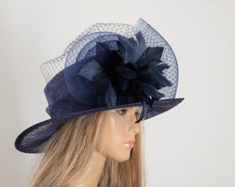 New High Quality Navy Sinamay Mid-brim hat, elegant style, beautiful color, Kentucky Derby, Wedding, Formal, Dressy, Church Hat