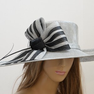 Elegant Black and Silver Women\'s Wide Brim Hat Black & White Wide-Brim Hat for Derby, Oaks & Weddings  main image 4