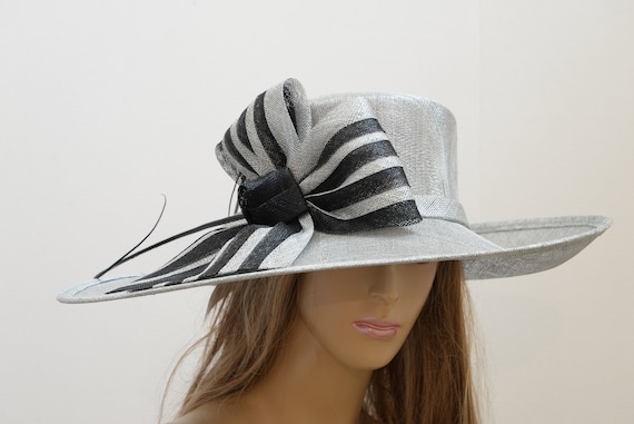 Silver Black Sinamay Wide Brim Hat, Elegant Formal Occasion  display picture 3