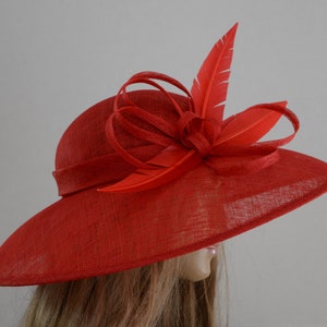 New High Quality RED Sinamay Hat with beautiful feather, Fashion,Elegant,Beautiful Kentucky Derby hat,Wedding,Church,Formal Dressy Hat,