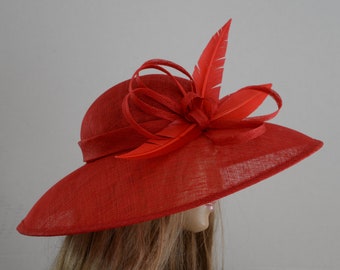 New High Quality RED Sinamay Hat with beautiful feather, Fashion,Elegant,Beautiful Kentucky Derby hat,Wedding,Church,Formal Dressy Hat,