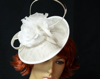 New High Quality White Sinamay with silk flower fascinator, Kate Middleton Style ,Kentucky Derby Fascinator, Millinery, Cocktail