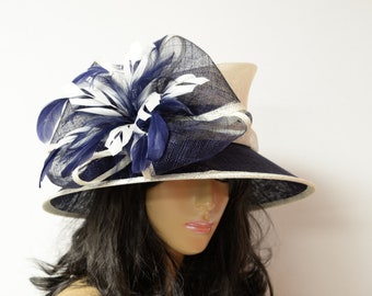 High Quality Beige/navy Sinamay lady hat, Kentucky Derby, English Royal Hat,Wedding, Easter,Church,Formal Dressy Hat,Millinery, Cocktail hat