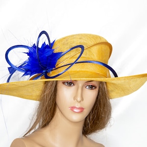 Yellow Sinamay Kentucky Derby Hat, Royal Blue Accents