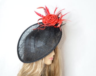 New Black/red Sinamay fascinator, unique design, high quality, English Royal Hat, Wedding, Church , Formal Hat, Special Occasion Hat