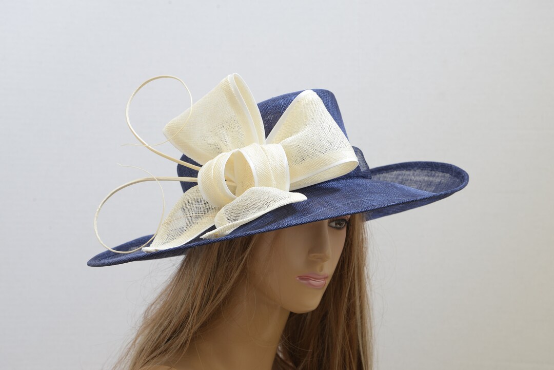 Scala Derby Sinamay Wide Brim Kentucky Derby Hat Ivory Navy OS Adjustable Kentucky Derby Hat: Ivory Sinamay Wide Brim for Church & Tea  main image 4