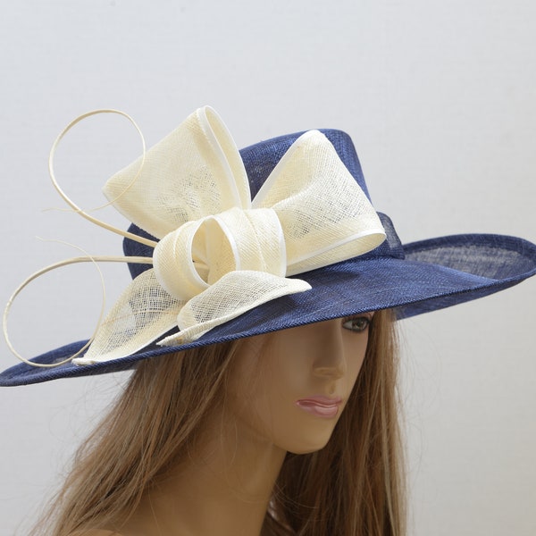 High Quality Navy/ivory Sinamay hat wide brim hat, Women's Tea Party,Queen Plate Hat, Kentucky Derby,Wedding,Cocktail, Formal dressy hat