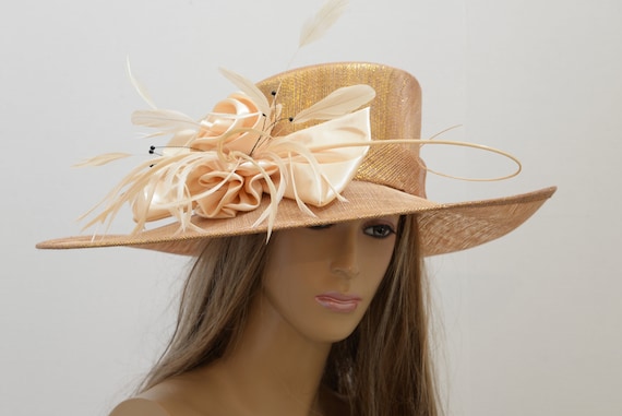 Gold Sinamay Kentucky Derby Hat, Tea Party Wide Brim Dress 