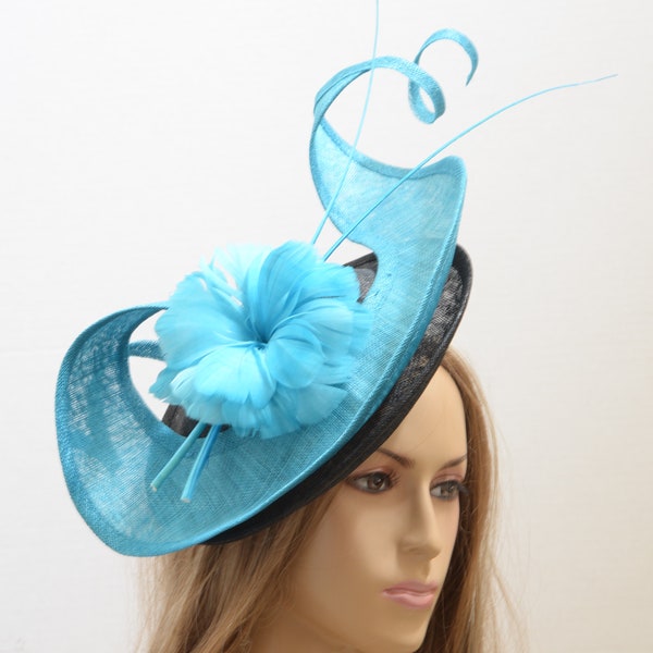 Turquoise/black Sinamay fascinator Kentucky Derby fascinator,English Royal Hat, Wedding Hat, Church Hat, Formal Hat, Dressy Hat,