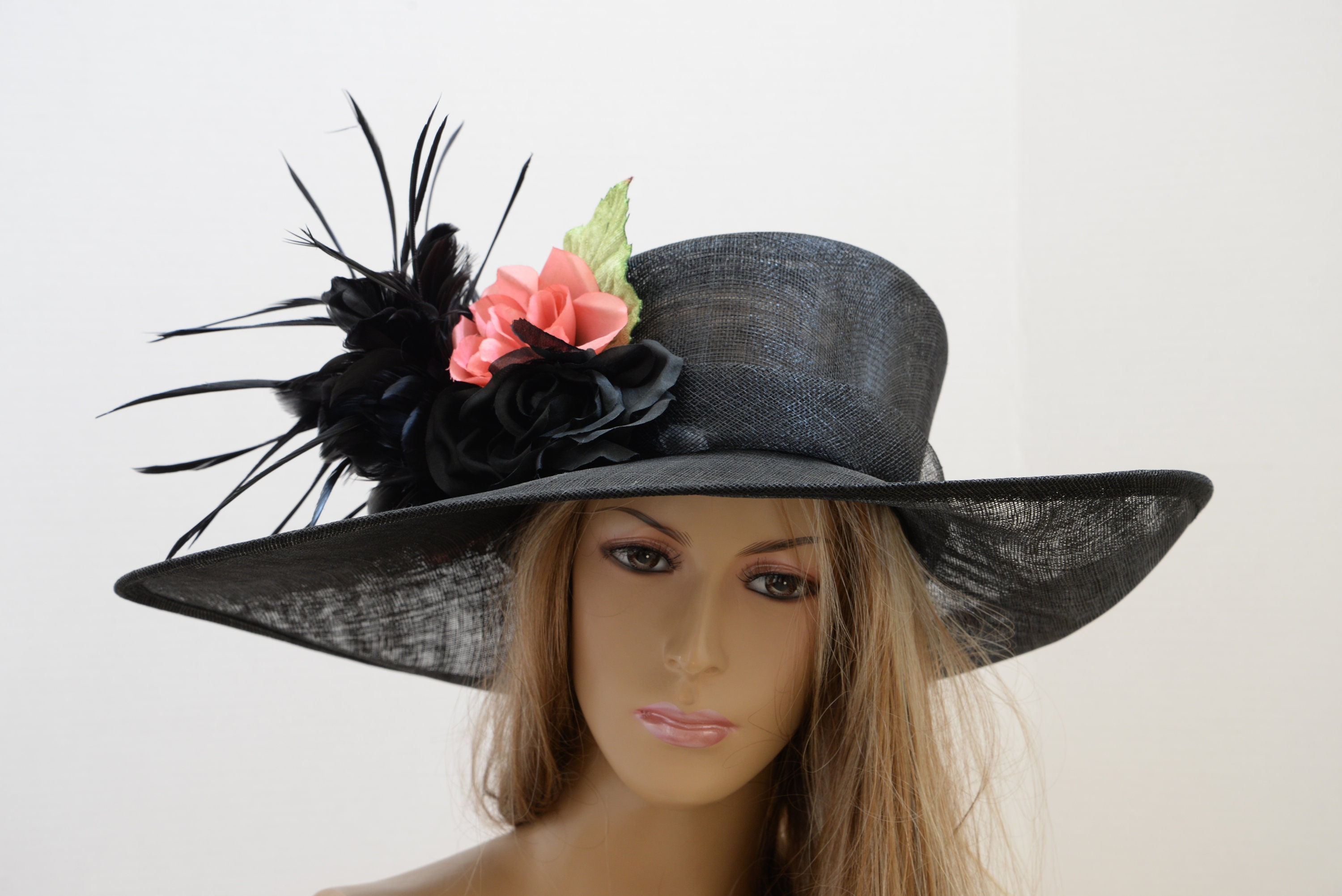 New Collection Black Sinamay Wide Brim Hat, Elegant