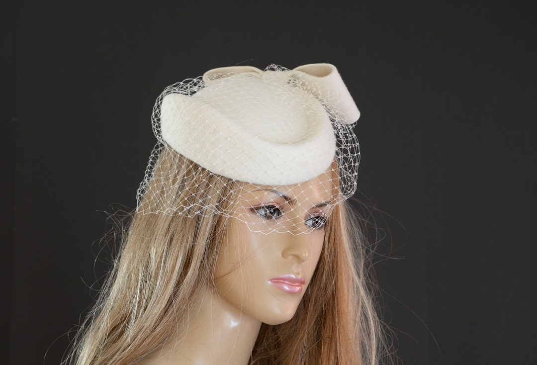 Scarlet Cream Wool Felt Hat With Bow and Veil, Cream Women's Winter Hat