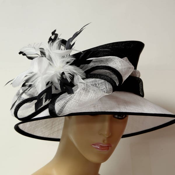 White/black Sinamay lady hat, high quality,light and comfortable, Kentucky Derby Hat, English Royal Hat, Wedding Hat, Church Hat, Formal Hat