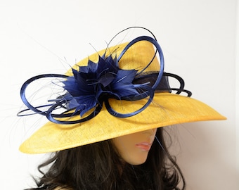 New High Quality Yellow/blue Sinamay hat,Kentucky Derby Hat, English Royal Hat, Wedding Hat, Church Hat, Formal Hat, Dressy Hat,