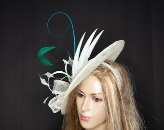 Customized High Quality Ivory/blue Sinamay with feathers lady Fascinator, beautiful shape, Unique designing, fascinator on a headband