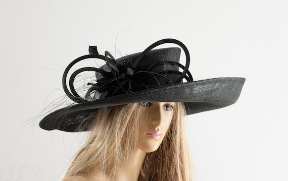 Black Sinamay Wide Brim Hat, Kentucky Derby, Wedding, Church  display picture 3