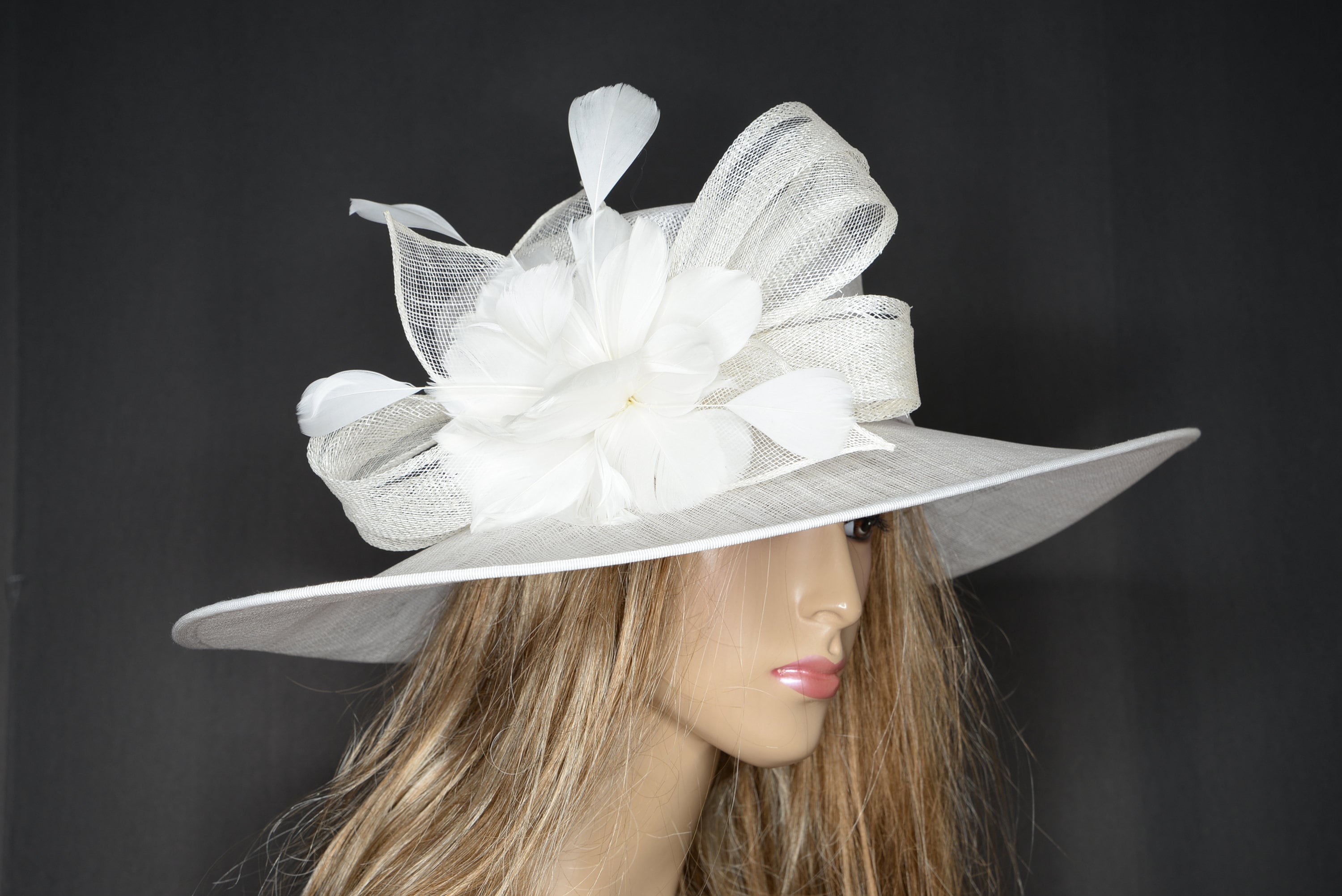 New High Quality White Wide Brim Sinamay Hat, Kentucky Derby Hat