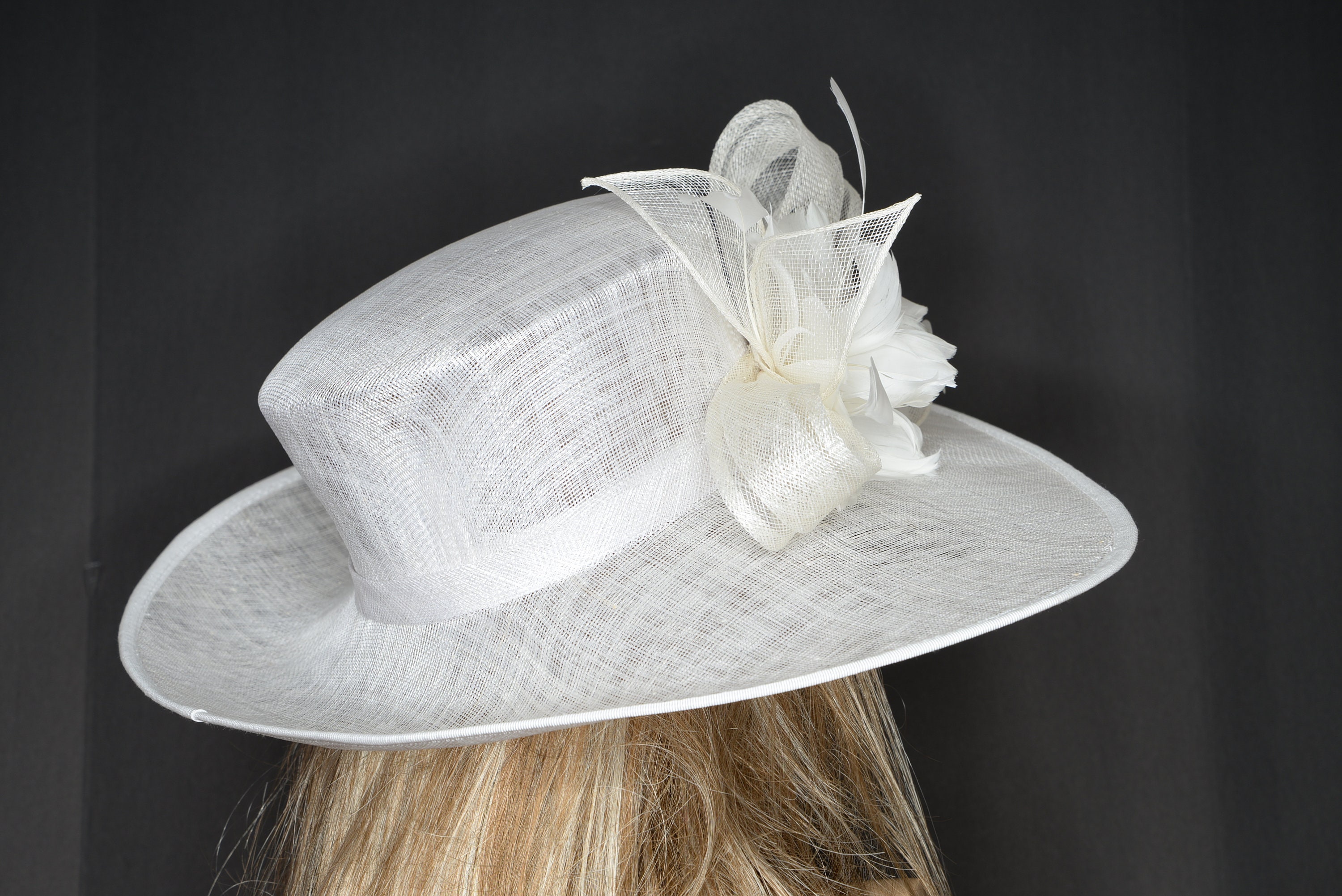 New High Quality White Wide Brim Sinamay Hat, Kentucky Derby Hat