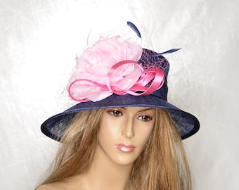 New High Quality Navy with Pink Flowers sinamay hat, Kentucky Derby , English Royal Hat,Wedding Formal,Church Hat