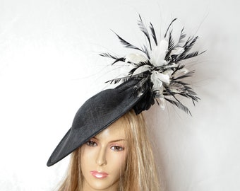 New 2023 Black /White Sinamay fascinator,unique design,high quality,English Royal Hat,Wedding,Church,Formal Dressy Hat, Special Occasion Hat