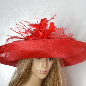 Huge Brim RED Sinamay Hat, Fashion, Fancy ,Elegant, Beautiful Kentucky Derby Hat, Wedding Hat, Church Hat, Formal Hat, Dressy Hat,