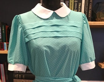 Sears, Shirtdress, Light Blue, Polka Dot, Collared Neck, Short Sleeve, Waist Belt, Summer, Fashion, Outfit, Vintage, ~ 20-35-1238
