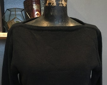 Acrylic Fibre, Black, Sweater, Pullover, Boat Neck, Long Sleeve, Solid, Size L, Winter, Fashion, Outfit, Vintage, ~ 20-35-1239