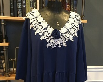 Roaman's, Navy Blue, Long Dress, White Lace, Blue Flower, Deep V Neck, Long Sleeve, Clothing, Fashion, Outfit, Vintage, ~ 20-35-1233