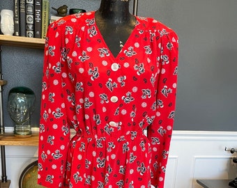 Leslie Fay, Red, Dress, Flowers, Elastic Waist, Long Sleeve, V Neck, Front  Buttons, Size 12, Summer, Fashion, Outfit, Vintage, ~ 20-01-133 - Etsy