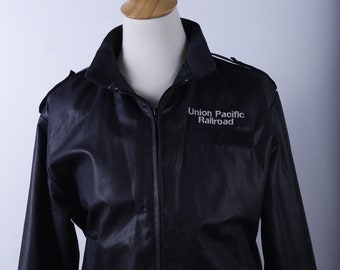 Black Leather Jacket, Union Pacific Railroad, Employee Only, Long Sleeves, Zipper, Side Pockets, Pla-Jac, Dunbrooke, Vintage, ~ 20-01-601