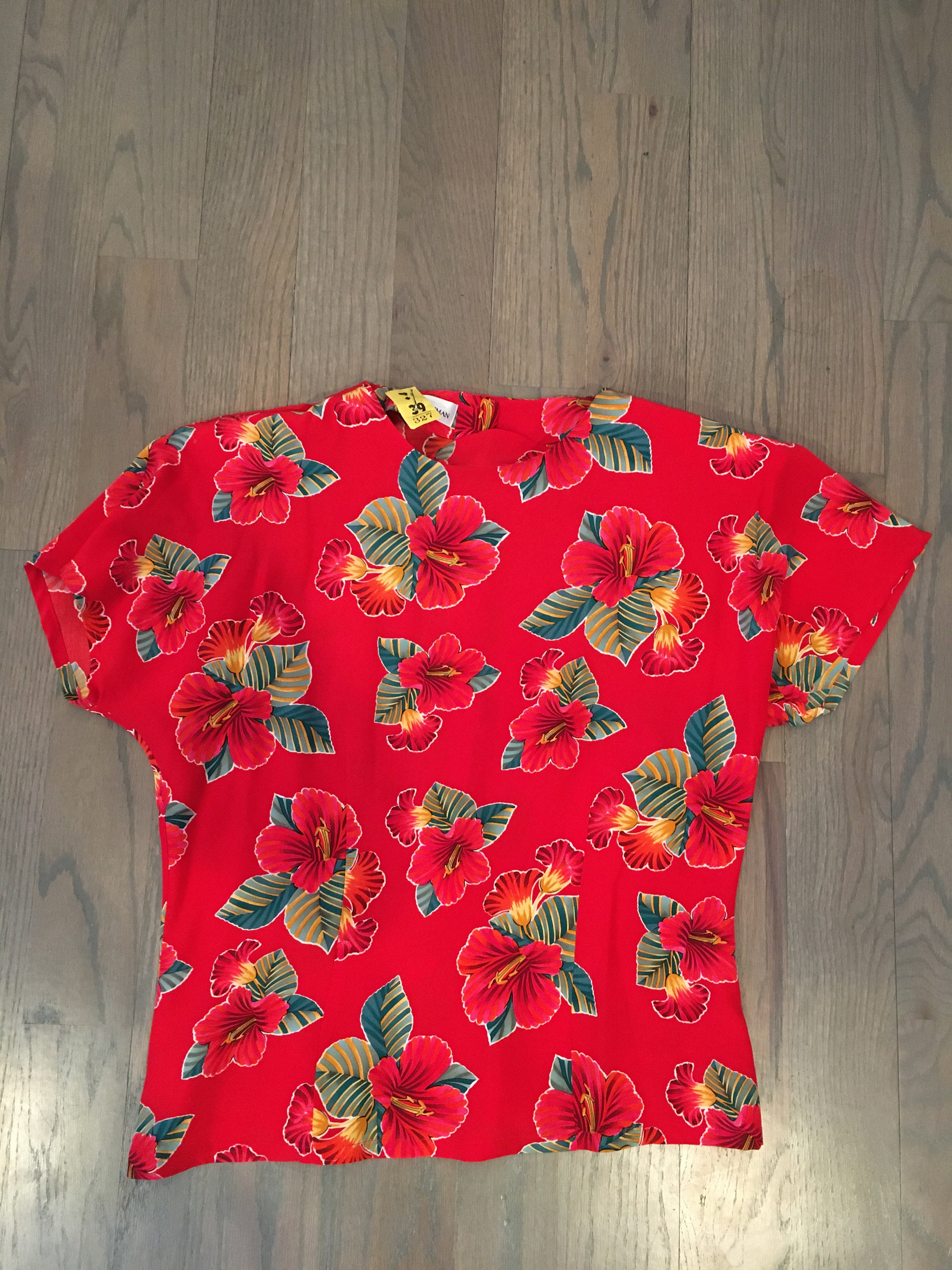 Vintage ”DANA BUCHMAN\" floral blouse 80s Dana Buchman, Red, Floral, Blouse, Short Sleeve, Red