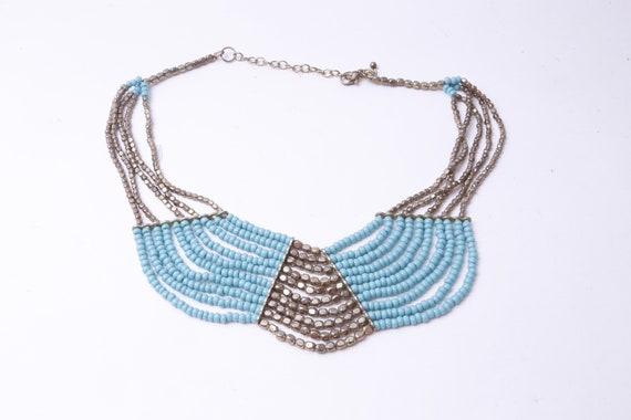 Golden-Blue, Necklace, Beads, Ethnic, Chunky, Bea… - image 1