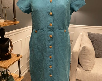 70s Field Manor, Blue, Dress, Shirtdress, Collared, Short Sleeve, Front Buttons, Size S, Minimalist, Summer, Fashion, Outfit, ~ 20-30-1049