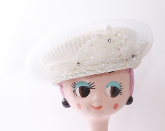 White, Wedding, Sparkles, Wool, Women's Hat, Fascinator, Mini Hat, Old Style, Fashion, Accessory, Clothes, Vintage, ~220918-GWWJ 354