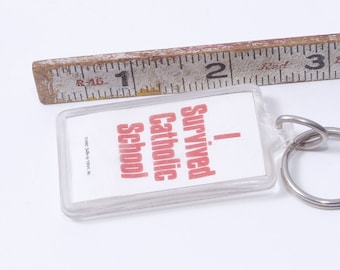Humorous, I Survived Catholic School, Button-Up, Troy, 1987, White, Key Chain, Key Ring, Keychain, Vintage, ~ 20-01-81
