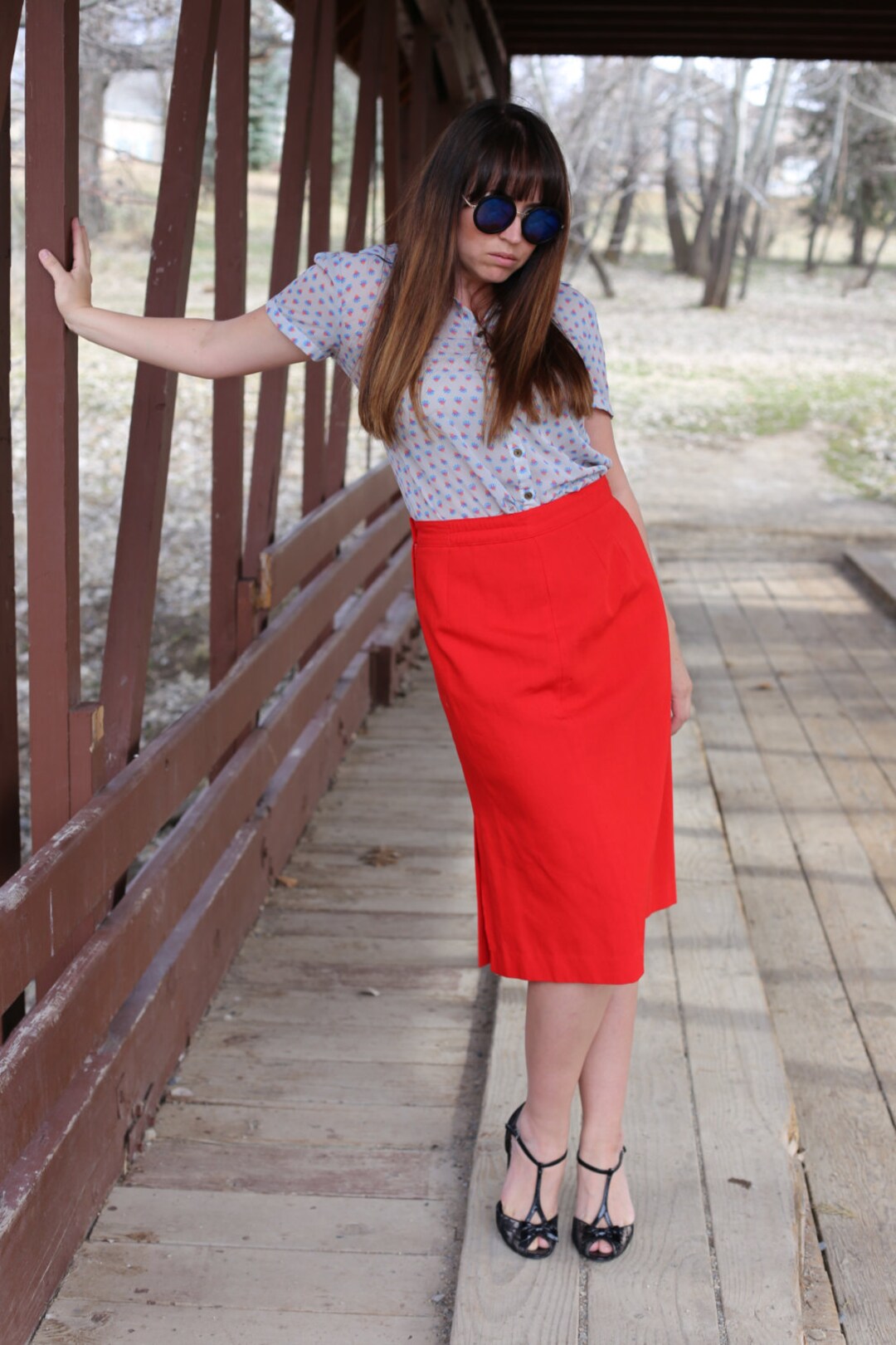 Vintage 1980's Working Woman Bright Red Pencil Skirt Sz M 10 - Main Image