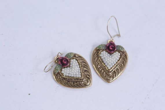90s Heart Earrings, With Roses, Pearls Earrings, … - image 1