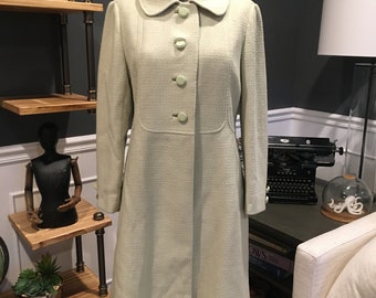 60s Custom-Ette, White, Swing Coat, Sea Foam Green, Collared, Four Buttons, Long Sleeve Formal Event, Fashion, Outfit, Vintage, ~ 20-01-1145